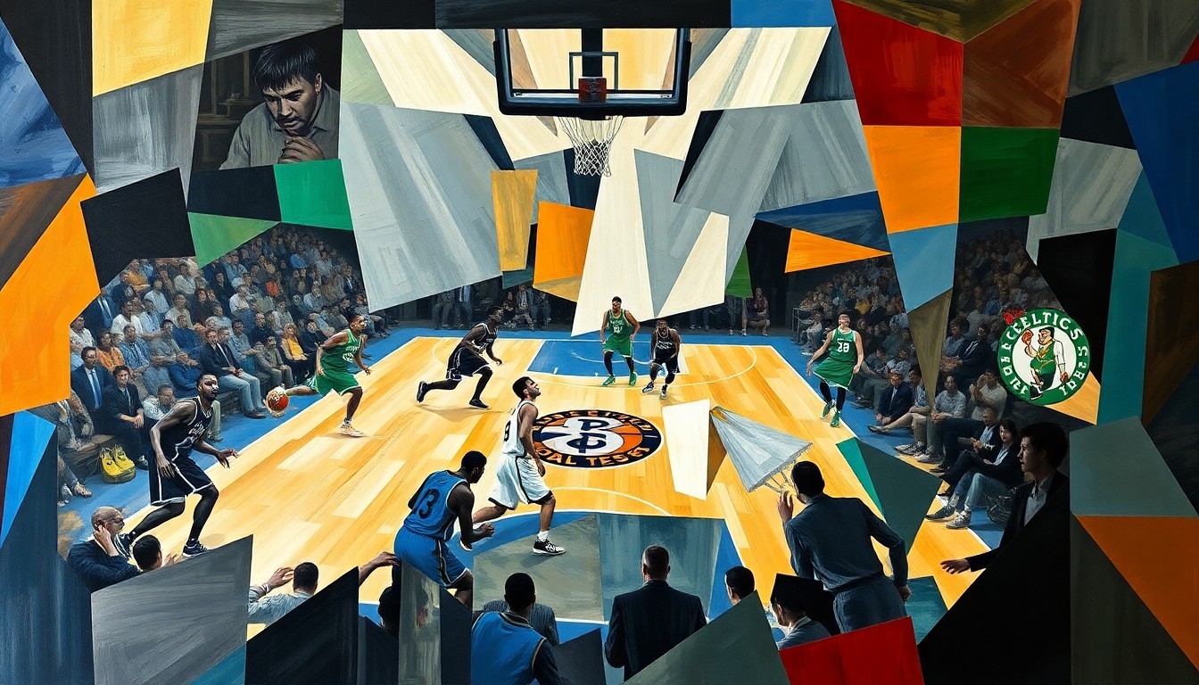 A cubist, geometric painting depicting a basketball game between the Minnesota Timberwolves and Boston Celtics, with the players' movements and the intensity of the game captured through sharp, overlapping planes of color and shape.