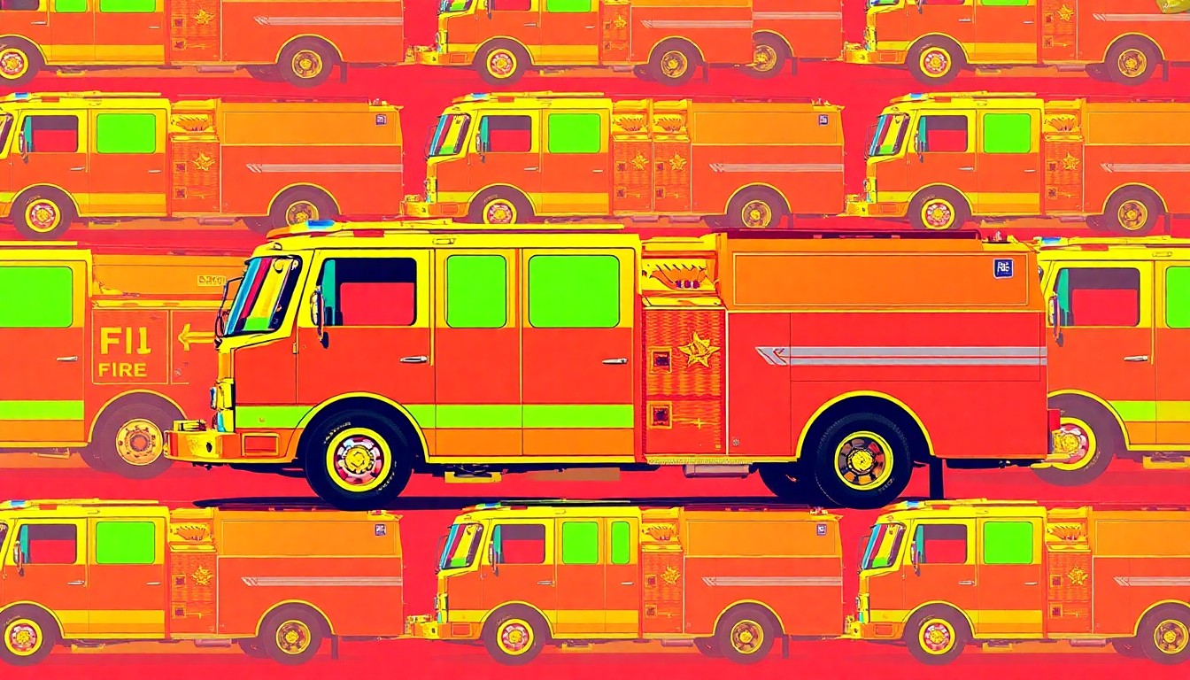A brightly colored, high-contrast silkscreen print of a fire truck repeated in a tight grid pattern, capturing the vibrant energy and community spirit of the Coconut Creek Touch-A-Truck event.