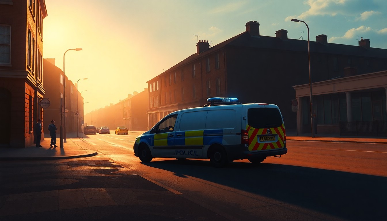 A photorealistic painting of a lone police vehicle parked on a Dublin street, with warm sunlight casting deep shadows across the scene, conveying a sense of quiet tension and unease.