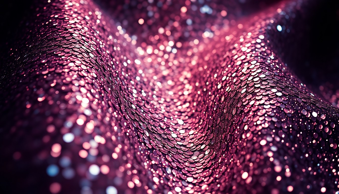 An extreme close-up of shimmering, high-contrast textures like sequins and crushed velvet, conceptually representing the glamour and anticipation of a major movie premiere.