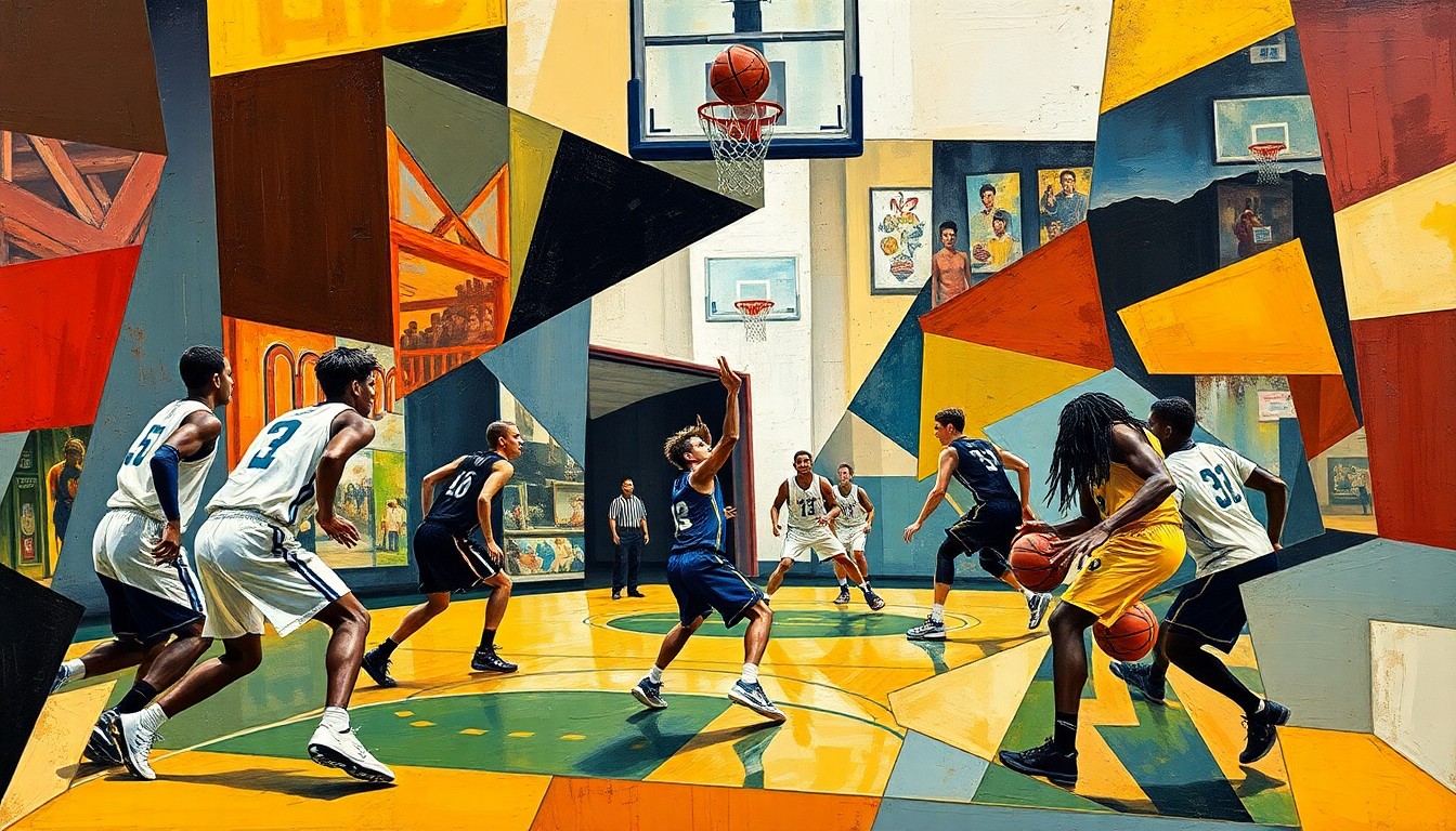A fragmented, geometric painting depicting the dynamic movements and overlapping perspectives of a high school basketball game, rendered in Picasso's distinctive cubist style.