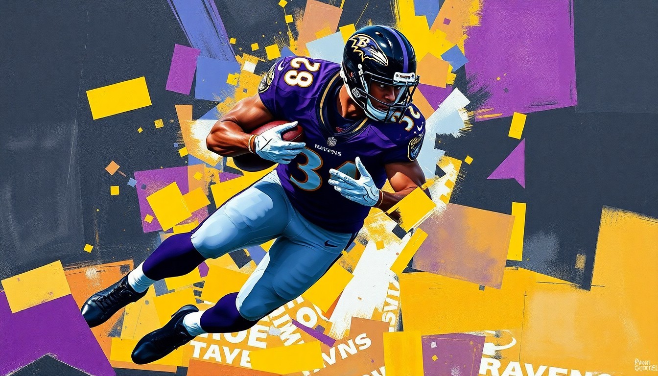 A cubist, geometric painting depicting a football player in mid-sack motion, with sharp, overlapping planes of purple, black, and gold colors representing the Baltimore Ravens' team colors.