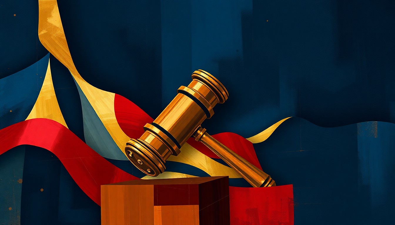 A fragmented, abstract painting depicting overlapping geometric shapes and lines in shades of blue, red, and gold, representing the chaotic and fractured nature of the political standoff in the House of Representatives.