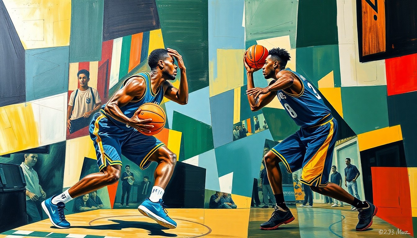 A cubist-style painting depicting a basketball game with overlapping geometric shapes and planes, capturing the intensity and drama of the Suns-Magic matchup.