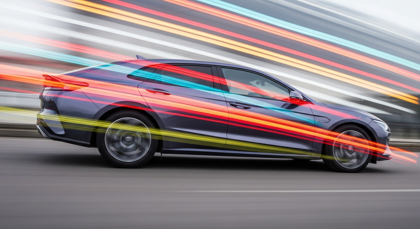 An abstract, blurred image of a Hyundai electric vehicle in motion, with streaks of vibrant colors representing the dynamic and futuristic nature of the brand's new China-focused designs.