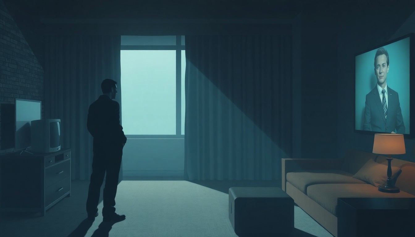 A moody, cinematic painting of a solitary figure standing in a dimly lit hotel room, the faint glow of a television screen casting shadows across the scene, conceptually representing the complex issues surrounding the arrest of a journalist.