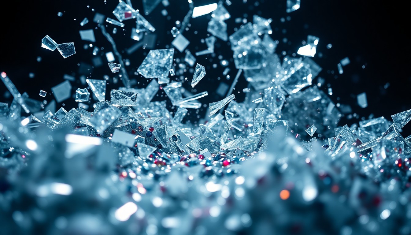 An abstract close-up image featuring shattered glass and glittering sequins, captured in dramatic, high-contrast studio lighting to convey the glamour and drama of reality television.