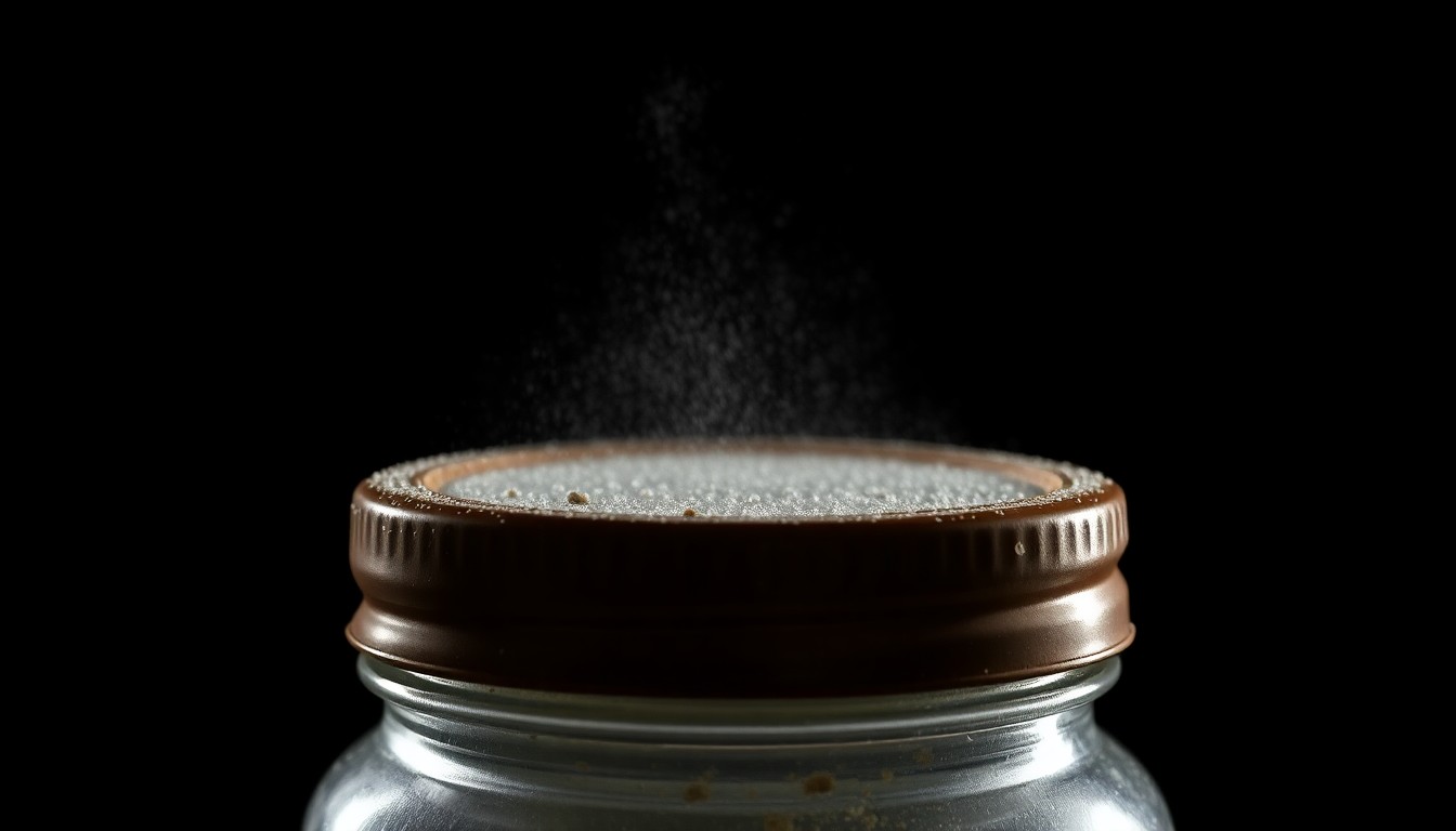An extreme close-up of a kitchen spice jar lid with a fine mist of an unknown liquid substance sprayed on it, against a pitch-black background, creating a stark, gritty, investigative aesthetic.