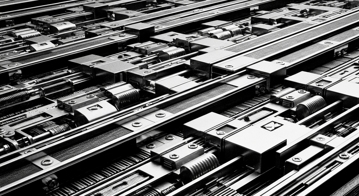 A high-contrast black and white close-up image of complex banking machinery and financial infrastructure, conveying the secure and powerful nature of modern finance without using any text or symbols.