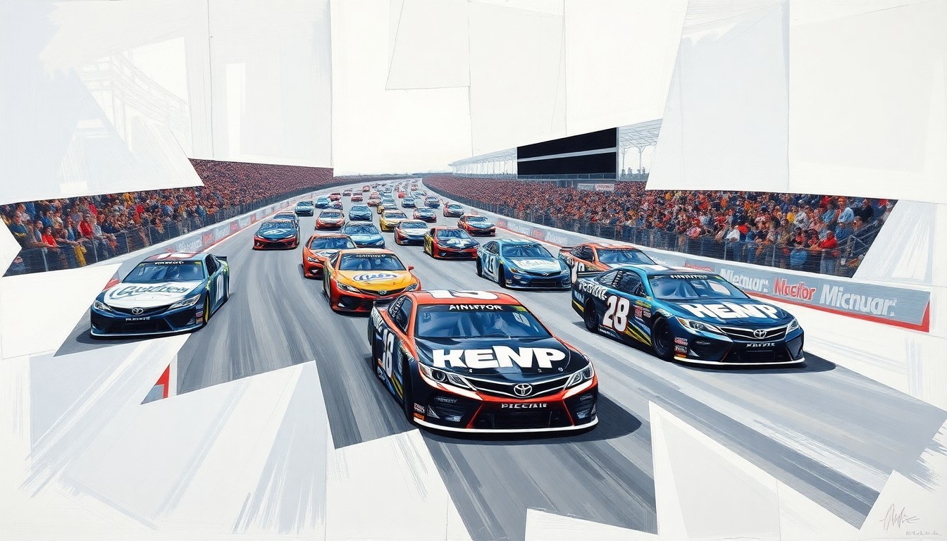 A cubist, geometric painting depicting a NASCAR race with Hendrick Motorsports cars, broken down into sharp, overlapping planes of color and form, capturing the dynamic energy and evolution of the sport.