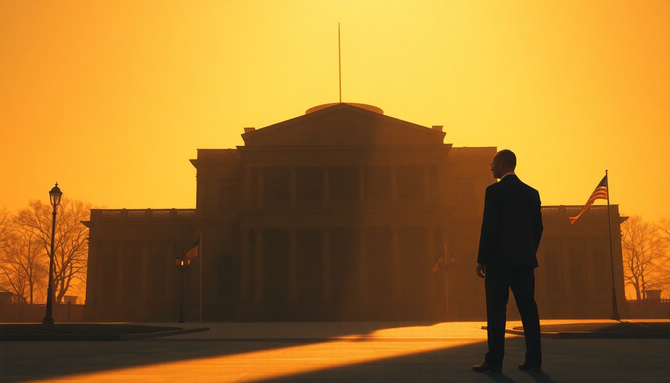 A cinematic painting depicting a solitary political figure or government building in warm, golden light and deep shadows, conveying the weight and complexity of the Armenia-Azerbaijan conflict.