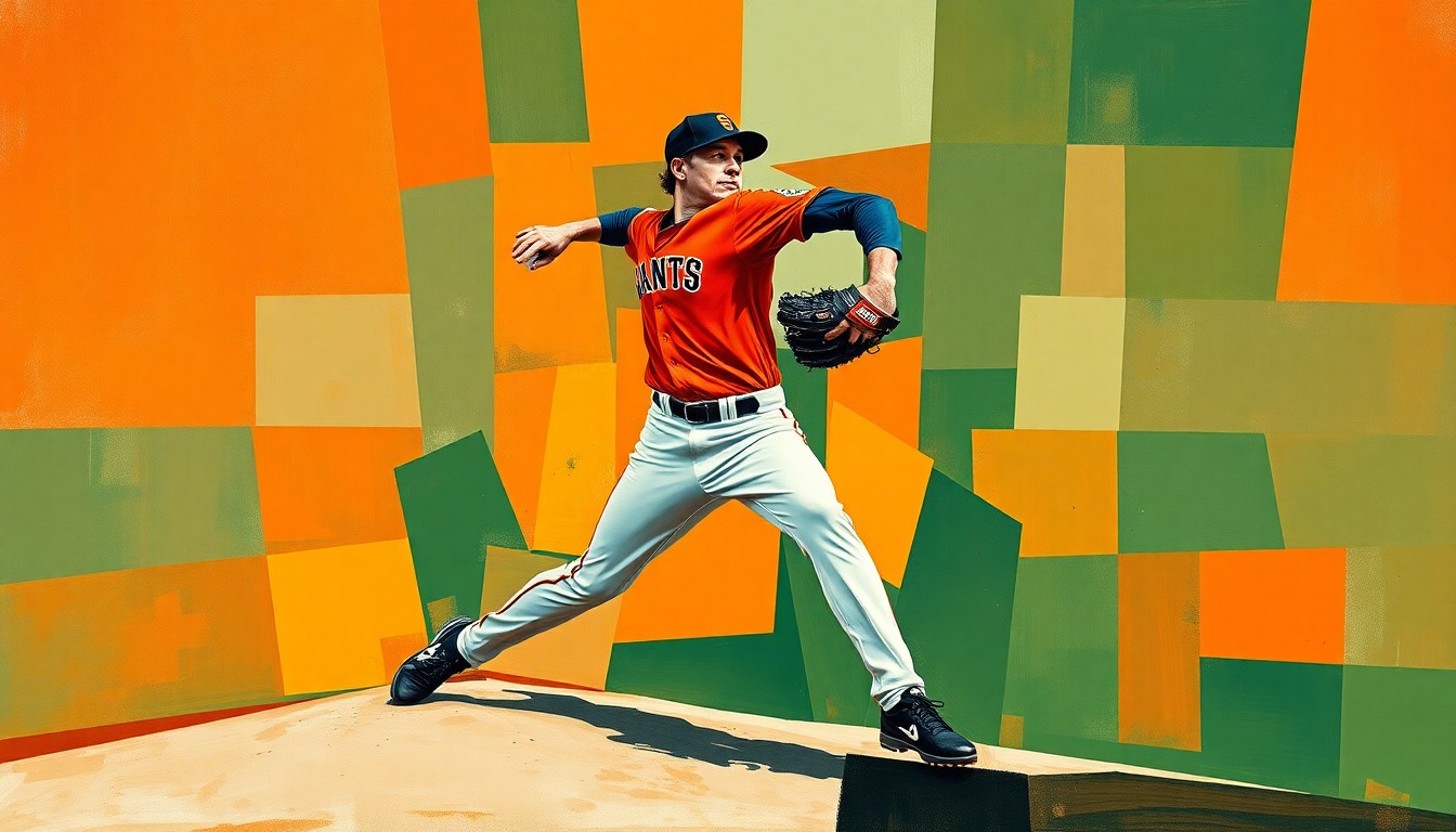 A fragmented, cubist-style painting depicting a Giants relief pitcher in mid-motion on the mound, broken down into sharp, overlapping geometric shapes in a palette of deep orange, navy blue, and forest green, conveying the complexity and unpredictability of the team's bullpen competition.