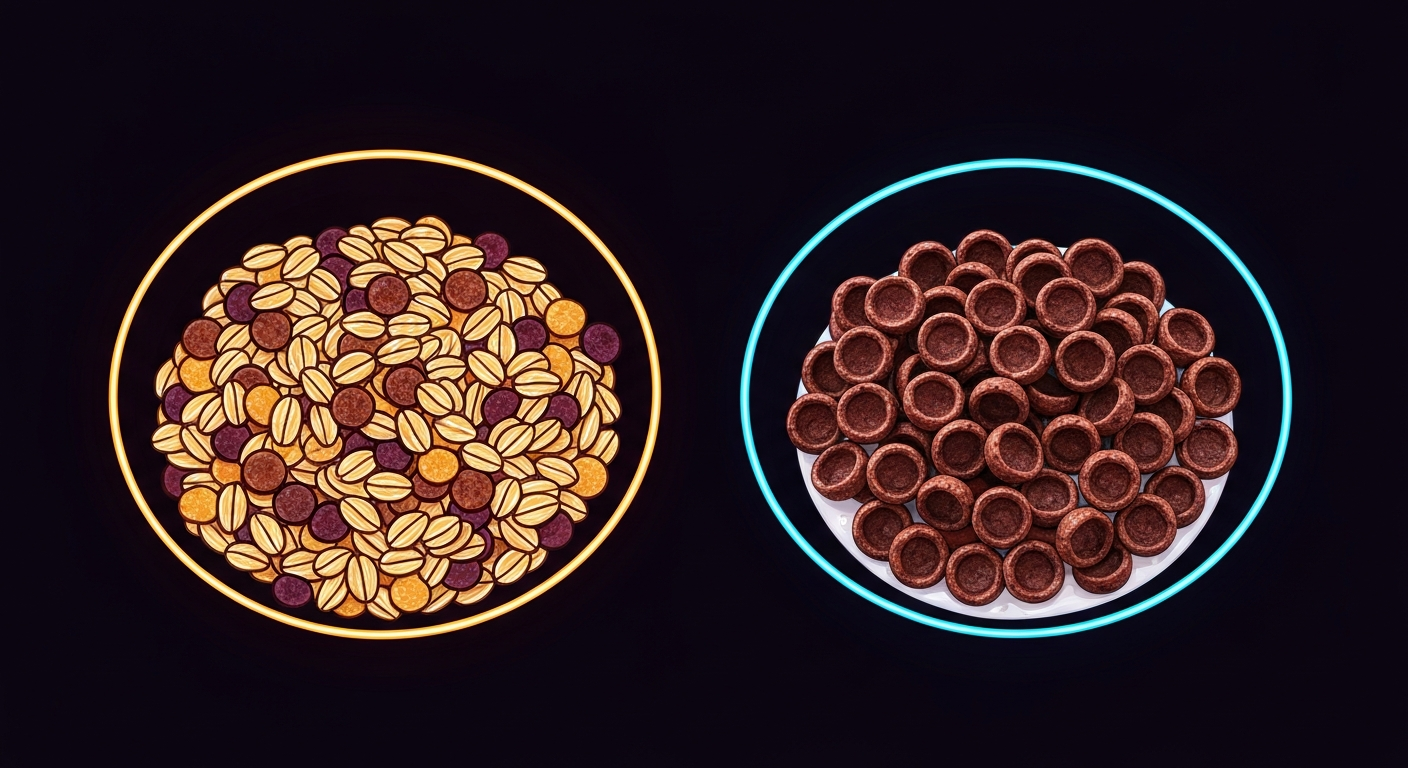 An extreme close-up of the minimalist, neon-outlined shapes of a bowl of muesli and a bowl of chocolate cereal, conceptually representing the surprising findings that expensive health foods may not always be the superior choice.