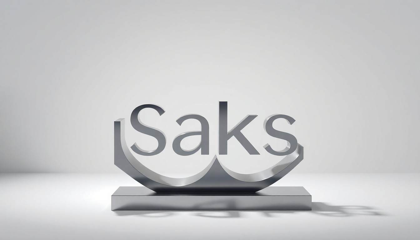 A high-end, photorealistic studio still-life photograph featuring a polished, geometric metal sculpture in the shape of the Saks Global logo, resting on a clean, monochromatic background and dramatically lit to convey the company's transition from bankruptcy to a renewed focus on brand identity and operational efficiency.
