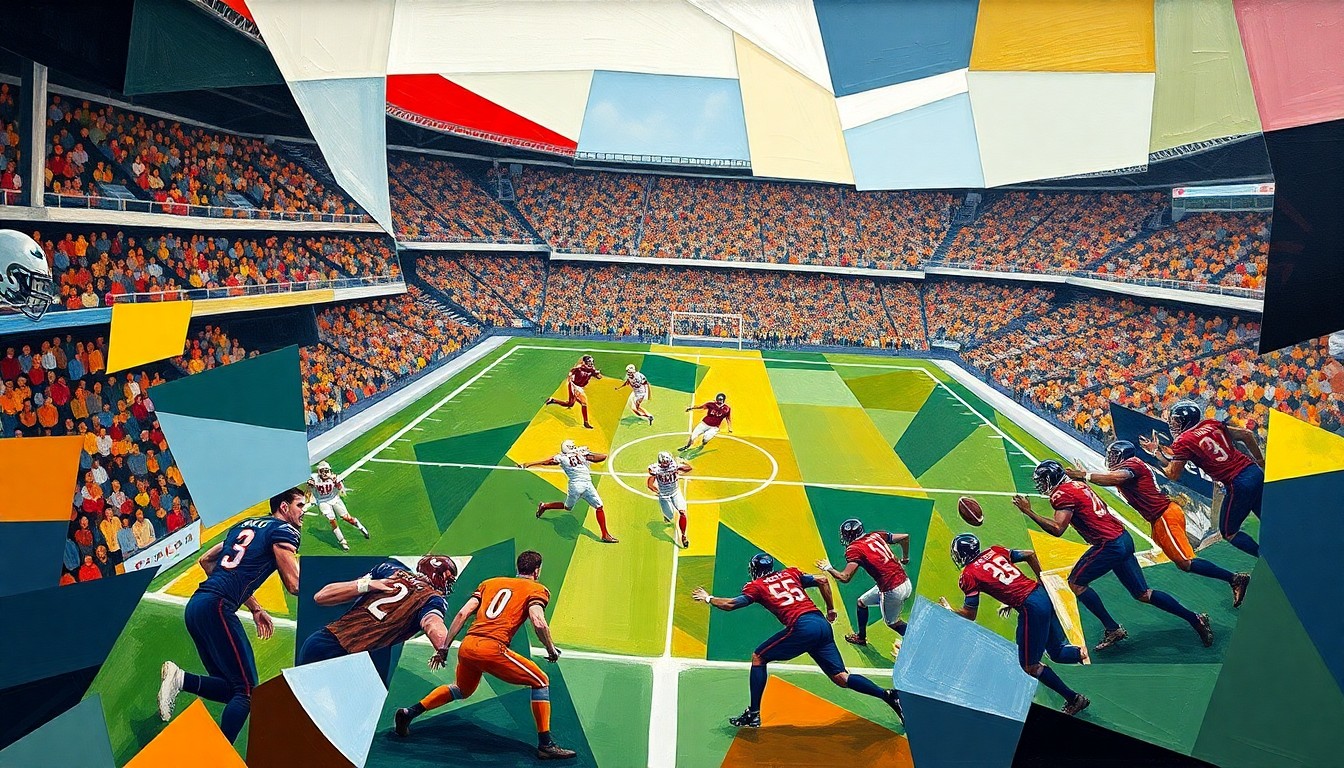 A fractured, cubist-style painting depicting a football match or competition, with the players and field abstracted into sharp, overlapping geometric planes in a dynamic, multi-perspective composition using the team's colors.