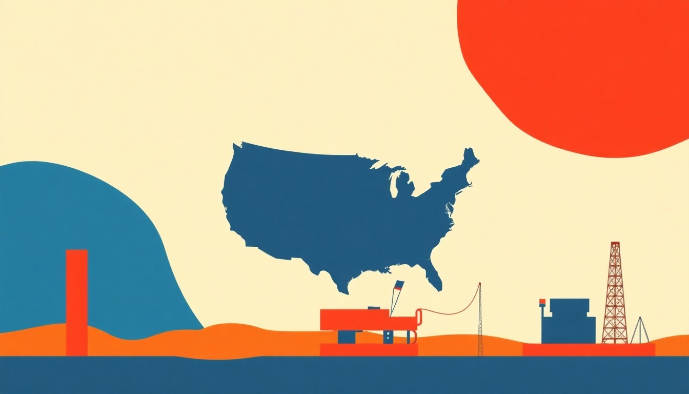 A geometric abstract illustration using bold shapes and primary colors to conceptually represent the vulnerability of the US oil industry to global market disruptions.