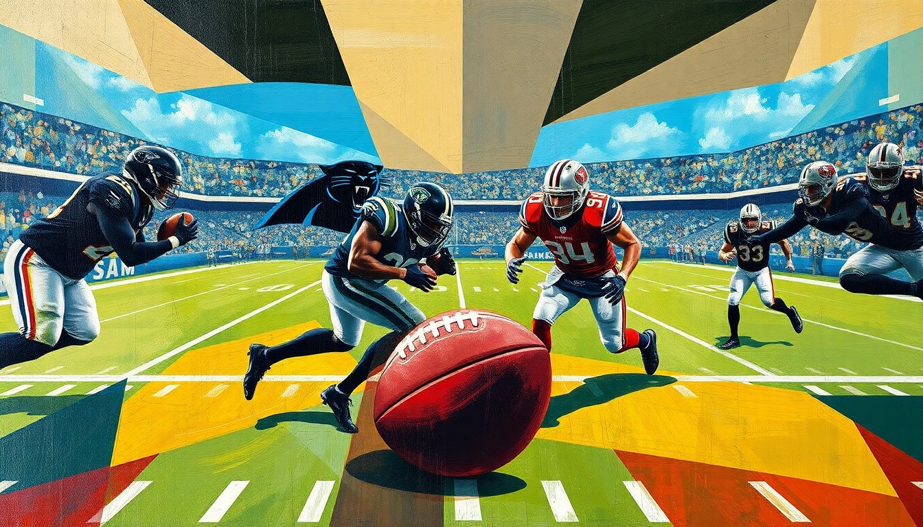 A fractured, geometric painting depicting the dynamic movements and energy of a football game, with players and the ball represented through intersecting shapes and lines in a cubist style.