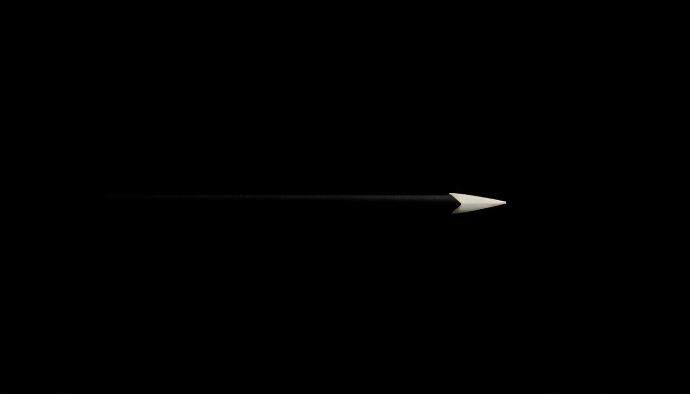 An extreme close-up photograph of a single arrow shaft against a pitch-black background, lit by a harsh, direct camera flash, conceptually illustrating the weapon used in a tragic crime.