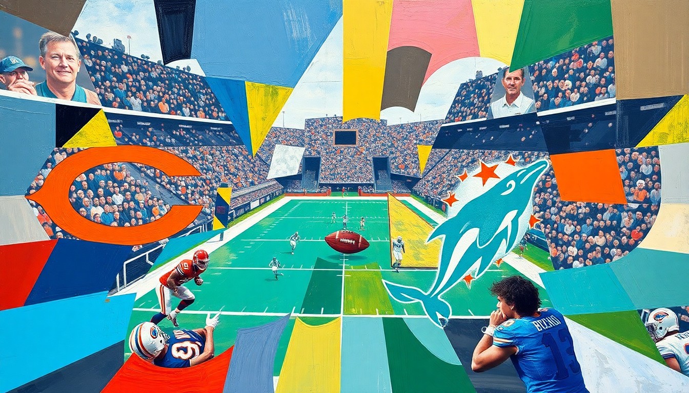 A cubist, geometric painting depicting a football game, with the players and field broken down into sharp, overlapping planes of color and shape, conveying the strategic complexity of the situation between the Bears and Dolphins.