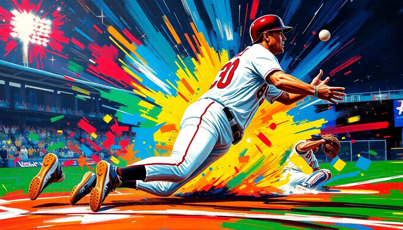 An abstract, expressionist painting in neon colors depicting the dynamic motion of a baseball player sliding into home plate, capturing the raw energy and excitement of the sport.