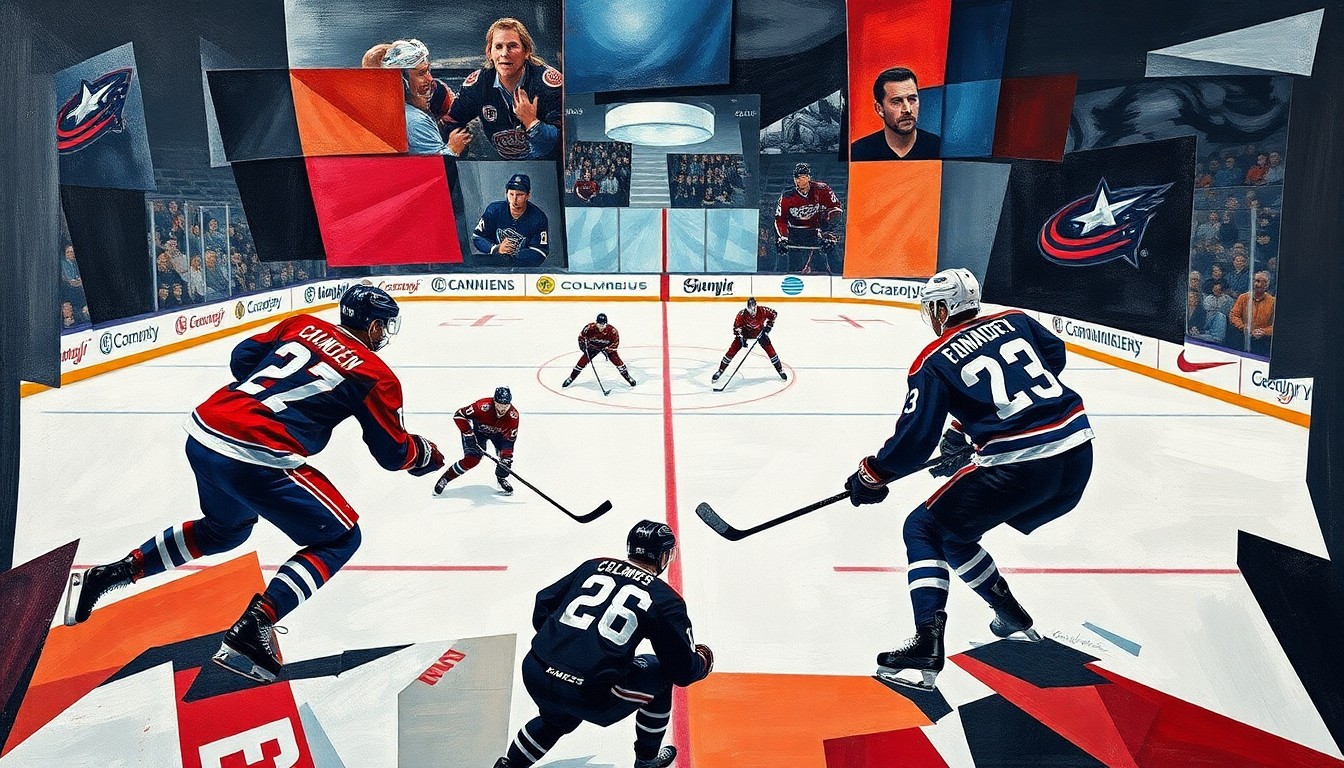 A fractured, multi-perspective painting depicting a hockey game, with players and the ice surface broken down into sharp, overlapping geometric shapes and planes, capturing the energy and movement of the sport.