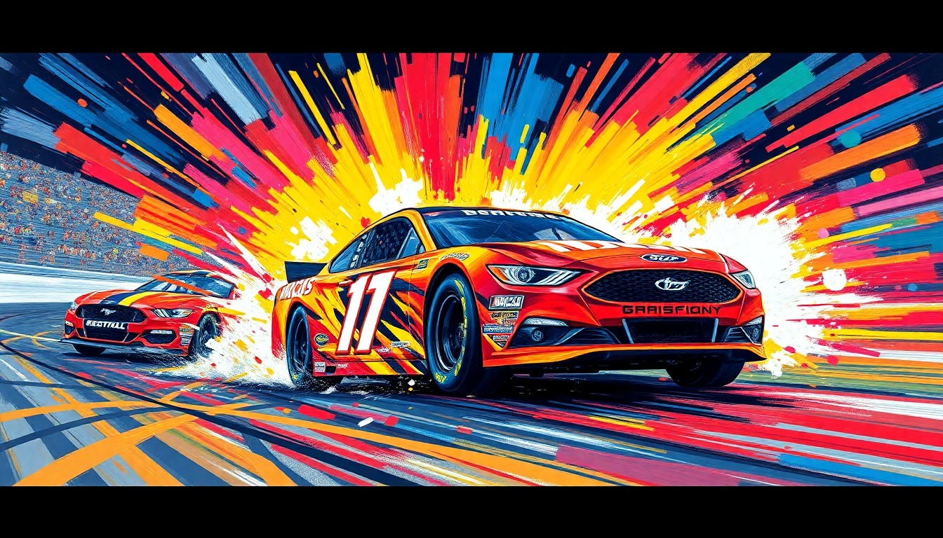 An abstract, expressionist painting in vibrant neon colors, capturing the raw energy and intensity of NASCAR racing at Bristol Motor Speedway, with blurred, dissolving forms representing the high-speed action on the track.