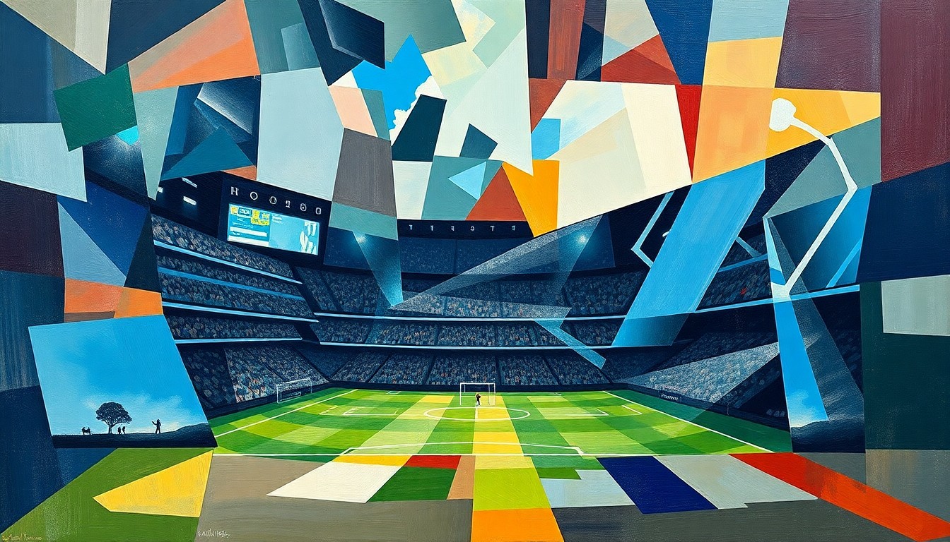 A cubist-style painting depicting a soccer match between Manchester City and Napoli, with the players and field broken down into sharp, overlapping geometric shapes and planes in a vibrant color palette.