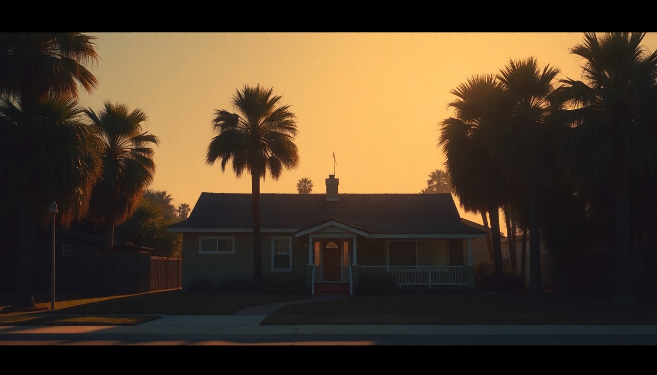 A serene, cinematic painting of a single-story California home nestled among tall palm trees, with the structure and its surroundings bathed in warm, diagonal sunlight and deep shadows, conveying a sense of quiet contemplation about the impact of rising insurance costs on homeowners.