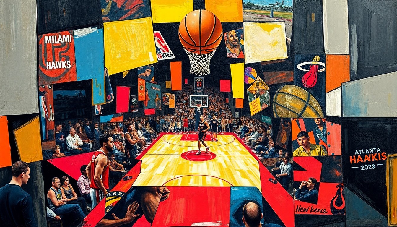 A cubist, geometric painting depicting a basketball game, with the players and court broken down into overlapping angular shapes and planes in vibrant colors.