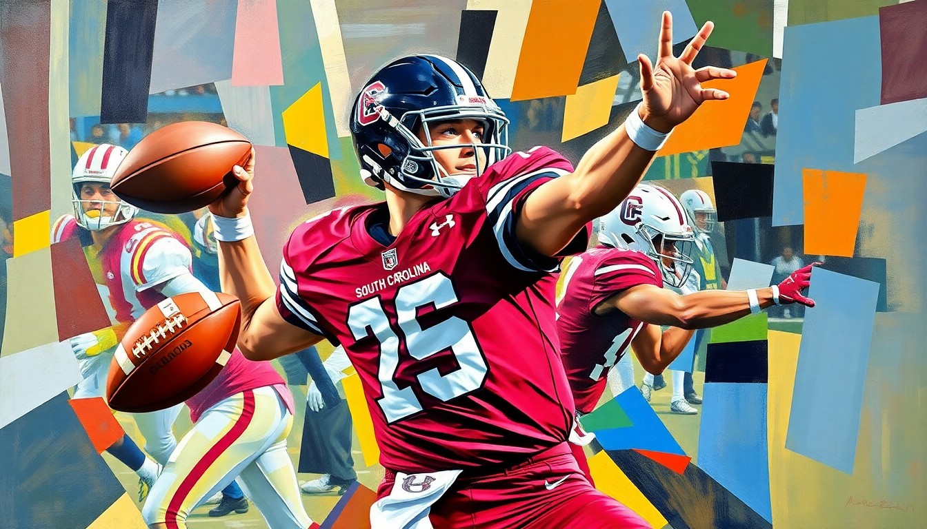 A fragmented, geometric painting depicting the overlapping planes and angles of a college football quarterback's throwing motion, rendered in the vibrant colors of the University of South Carolina's team uniforms.