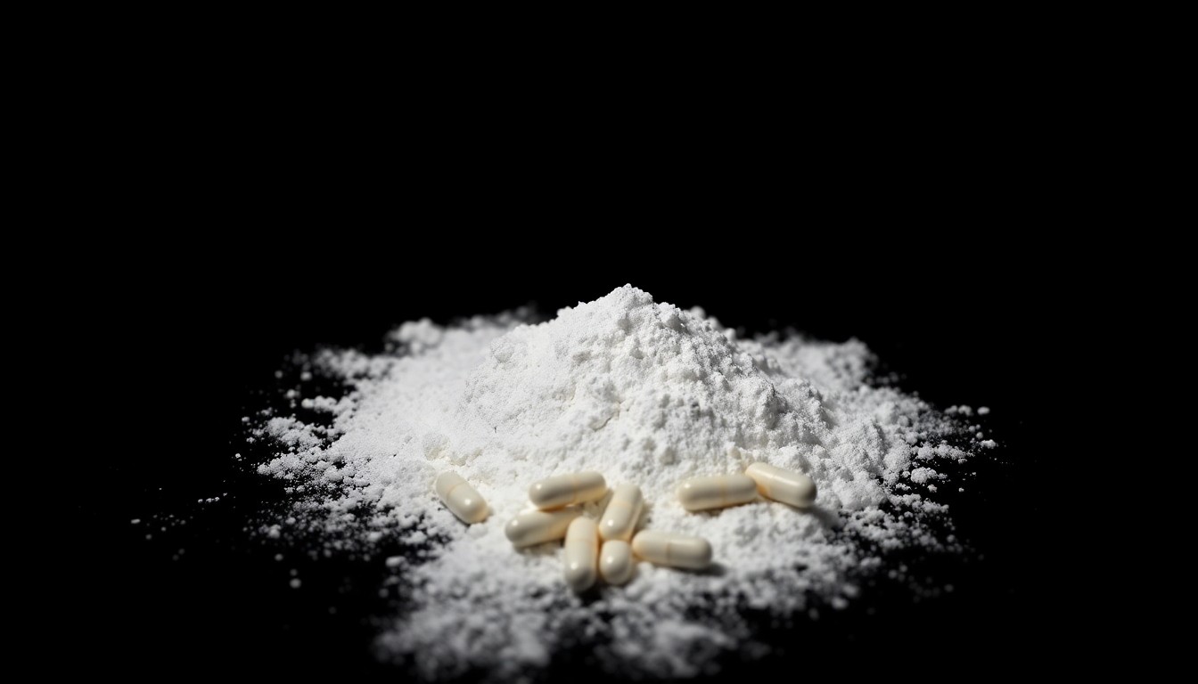 An extreme close-up photograph of a pile of white powder and several small pills, creating a stark, gritty, investigative aesthetic through the use of harsh, direct flash lighting against a pitch-black background.