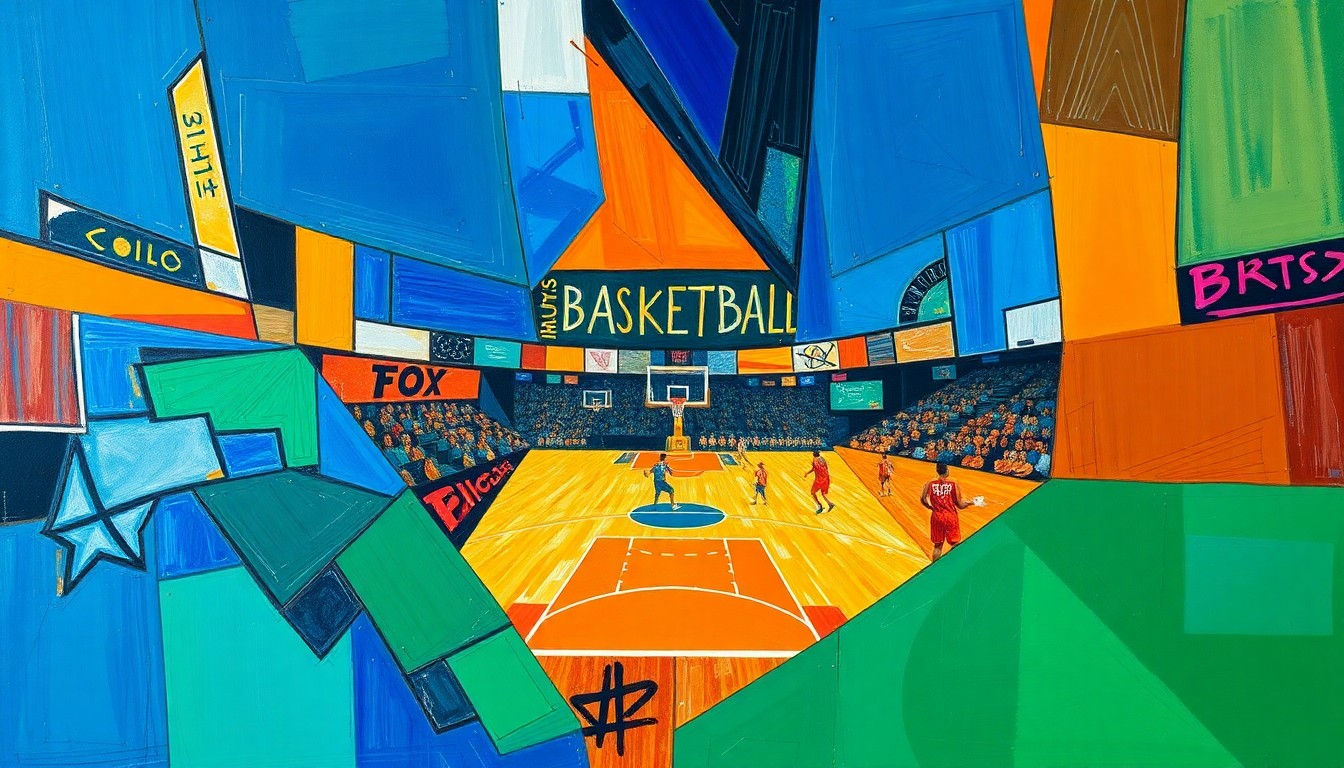 A fractured, multi-perspective painting in bold, vibrant colors, breaking down a basketball game or match into sharp, overlapping geometric planes, conceptually representing the complex dynamics between NBA coaches and media insiders.