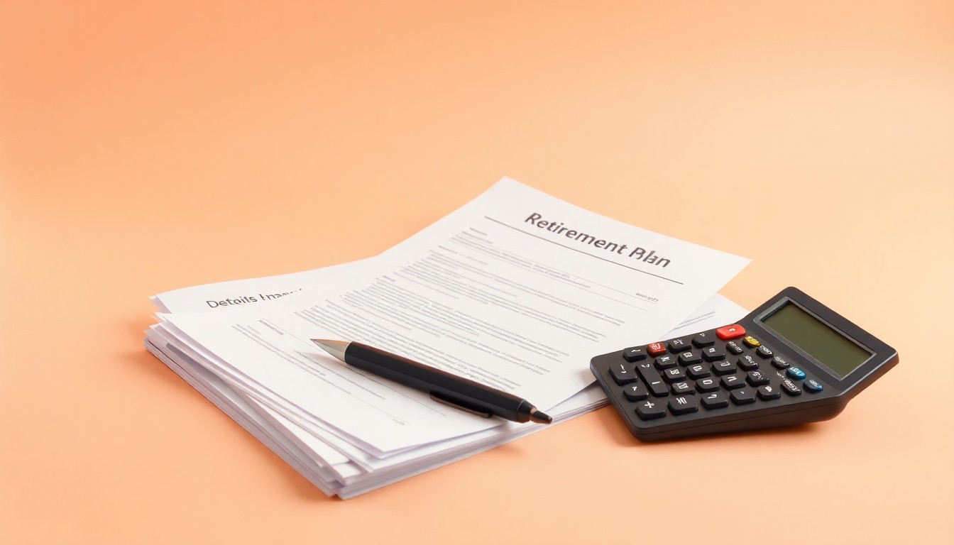 A minimalist studio still life featuring a stack of financial documents, a pen, and a calculator on a clean, monochromatic background, symbolizing the administrative and financial aspects of managing a retirement plan.
