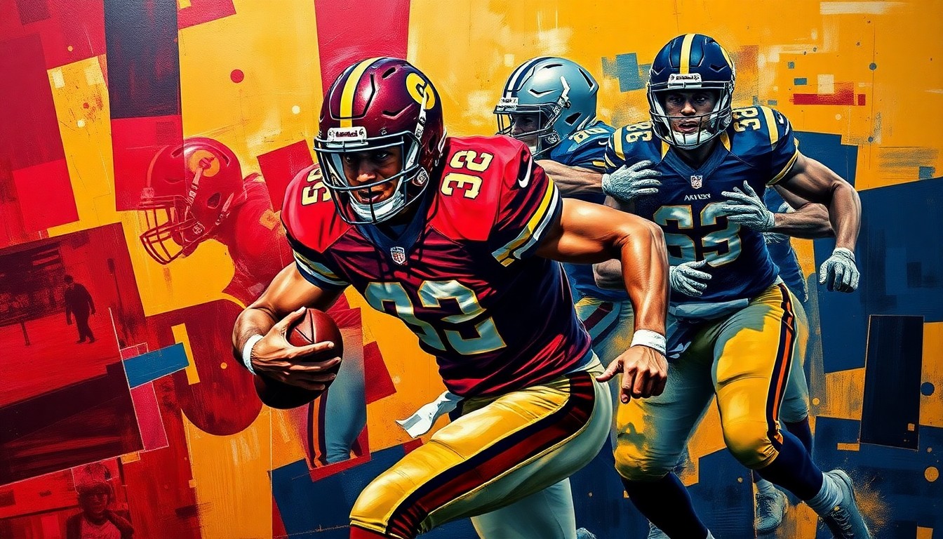 A fractured, cubist-style painting depicting a football player in the midst of a pass rush, with sharp geometric planes in burgundy, gold, and navy blue representing the Commanders' team colors.