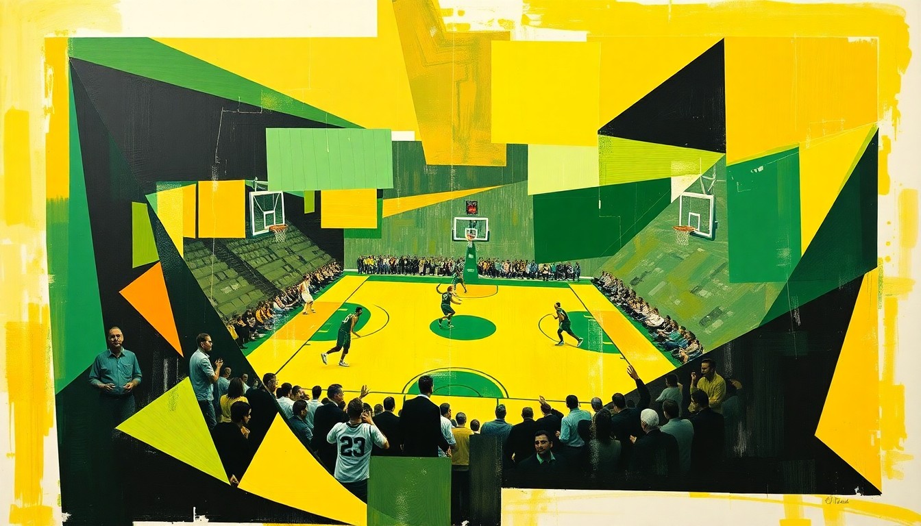 A cubist, geometric painting depicting a basketball game in motion, with sharp, overlapping shapes and planes in the colors of the Oregon Ducks, capturing the dynamic energy of the sport.