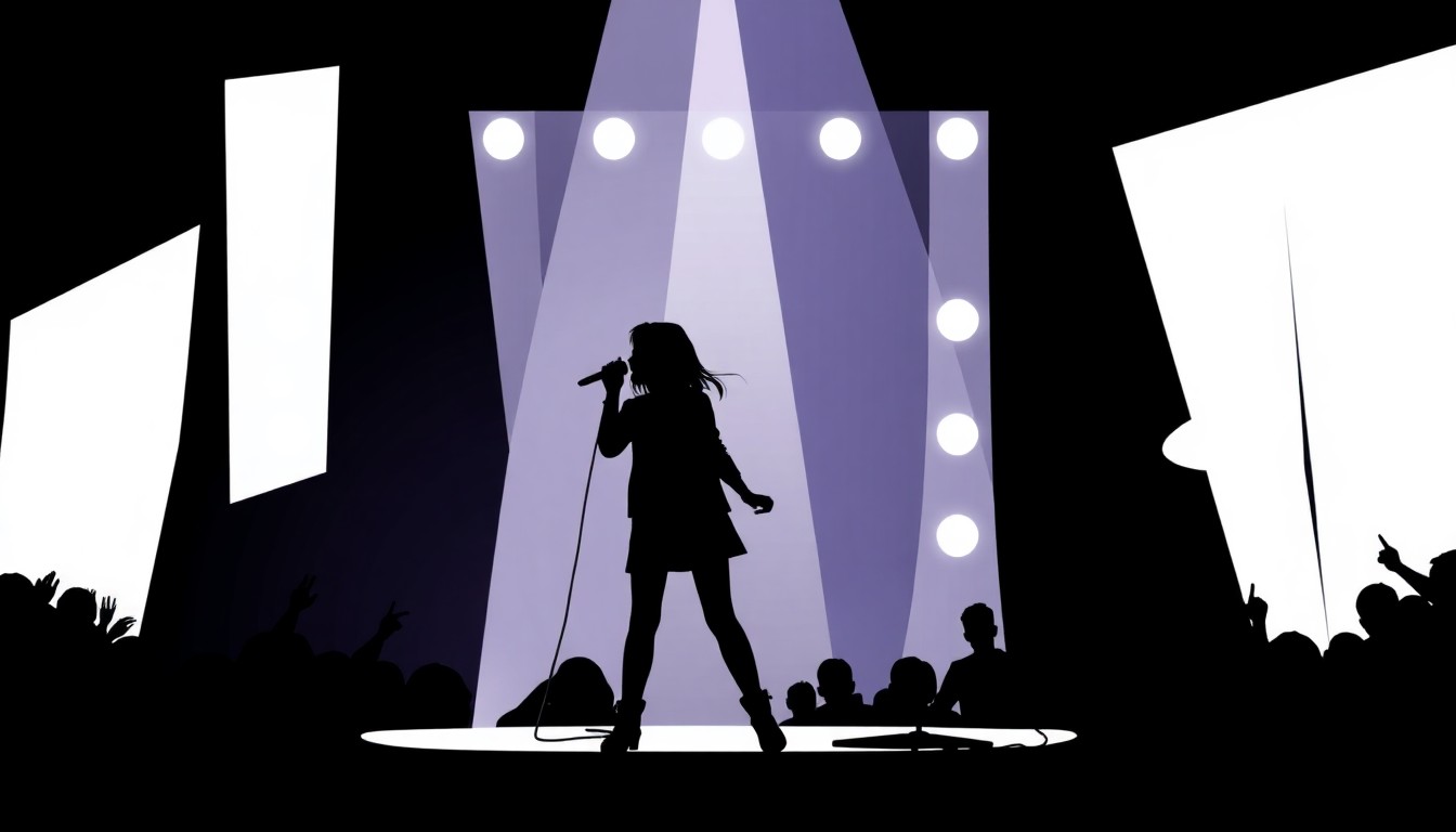 An abstract, minimalist illustration featuring stark, jagged geometric shapes and heavy black silhouettes, conceptually representing a young singer's performance on a talent competition stage.