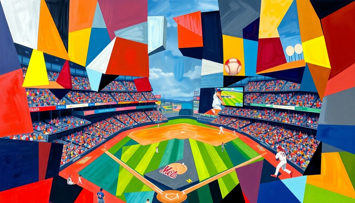 A cubist, geometric painting depicting a baseball game in progress, with the players and field broken down into sharp, overlapping planes of color and shape, capturing the dynamic energy and strategic complexity of the sport.