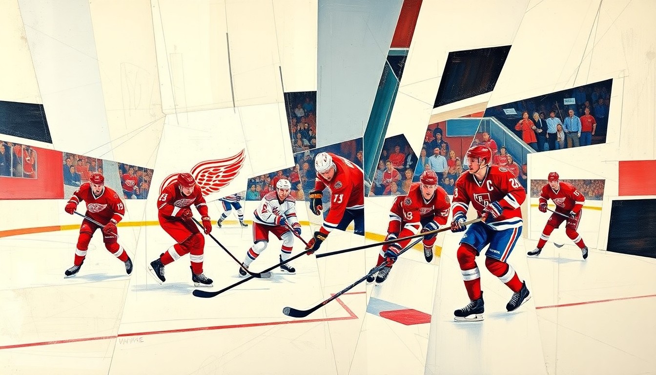 A fractured, multi-perspective painting in a cubist style, depicting a hockey game with sharp, overlapping geometric planes in shades of red and white, capturing the dynamic movements and energy of the players on the ice.