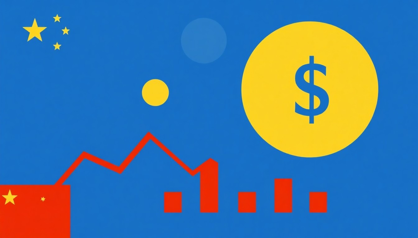 A minimalist, abstract illustration featuring overlapping geometric shapes in shades of blue, red, and yellow, conceptually representing the complex economic challenges facing China.