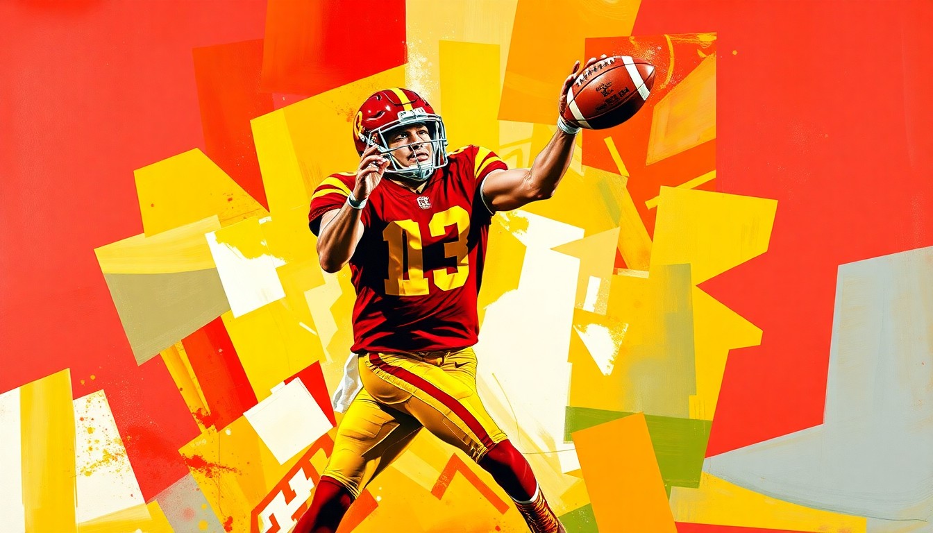 A cubist, geometric illustration depicting a college football player in mid-air making a catch, with sharp, overlapping planes of cardinal red and gold representing USC's colors.