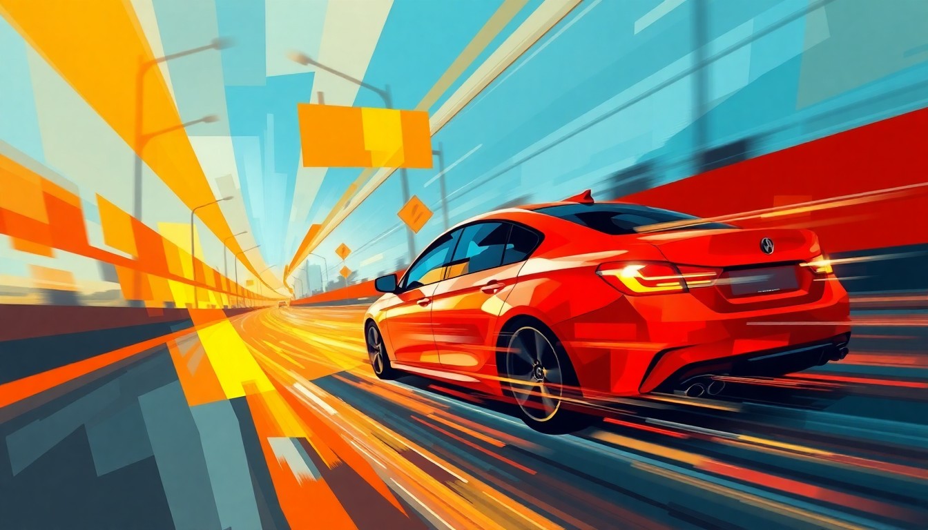 A vibrant, abstract painting depicting a speeding car in a construction zone, with overlapping geometric shapes and brushstrokes in warm, fiery colors, conveying a sense of motion and urgency.