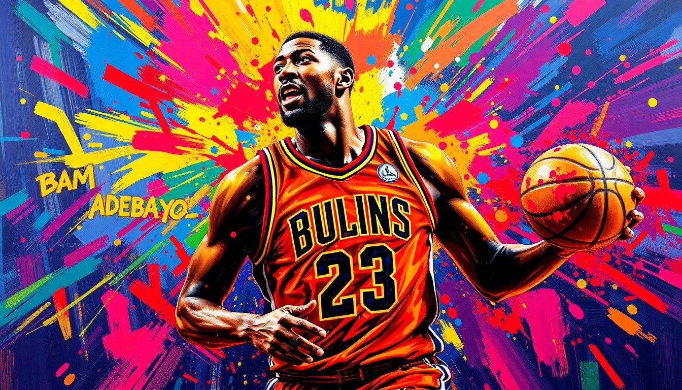 An extreme close-up of Bam Adebayo's basketball jersey, rendered in a vibrant, expressionist style with rapid brushstrokes and neon colors, capturing the dynamic energy and movement of his historic scoring outburst.