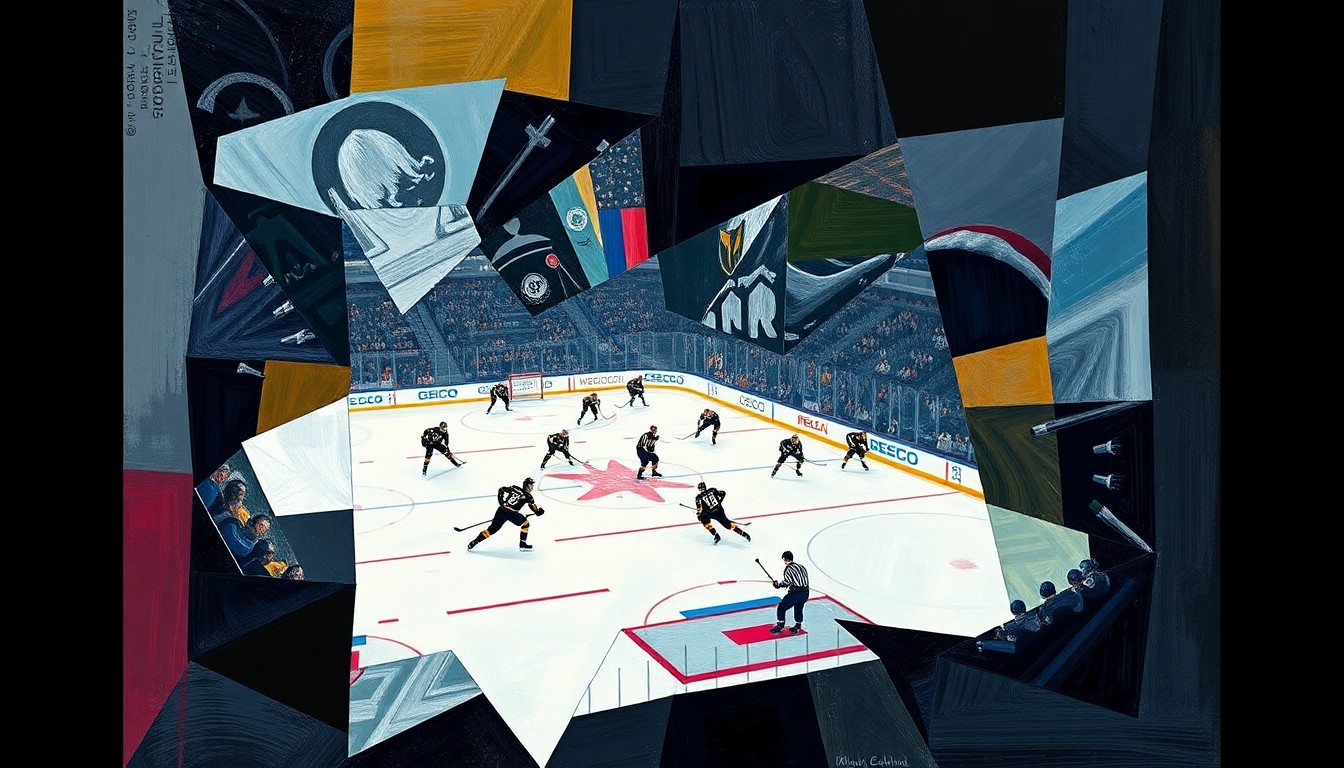 A cubist-style painting depicting a hockey game, with players and the ice rink broken down into sharp, overlapping geometric shapes and planes, capturing the energy and intensity of the match.