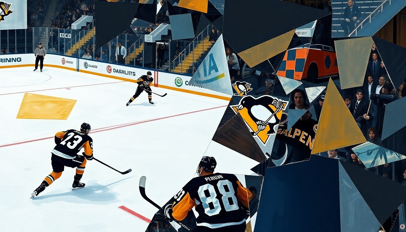 A cubist, geometric painting depicting a Penguins hockey game, with the players and ice deconstructed into abstract shapes and angles, capturing the intensity and movement of the sport.