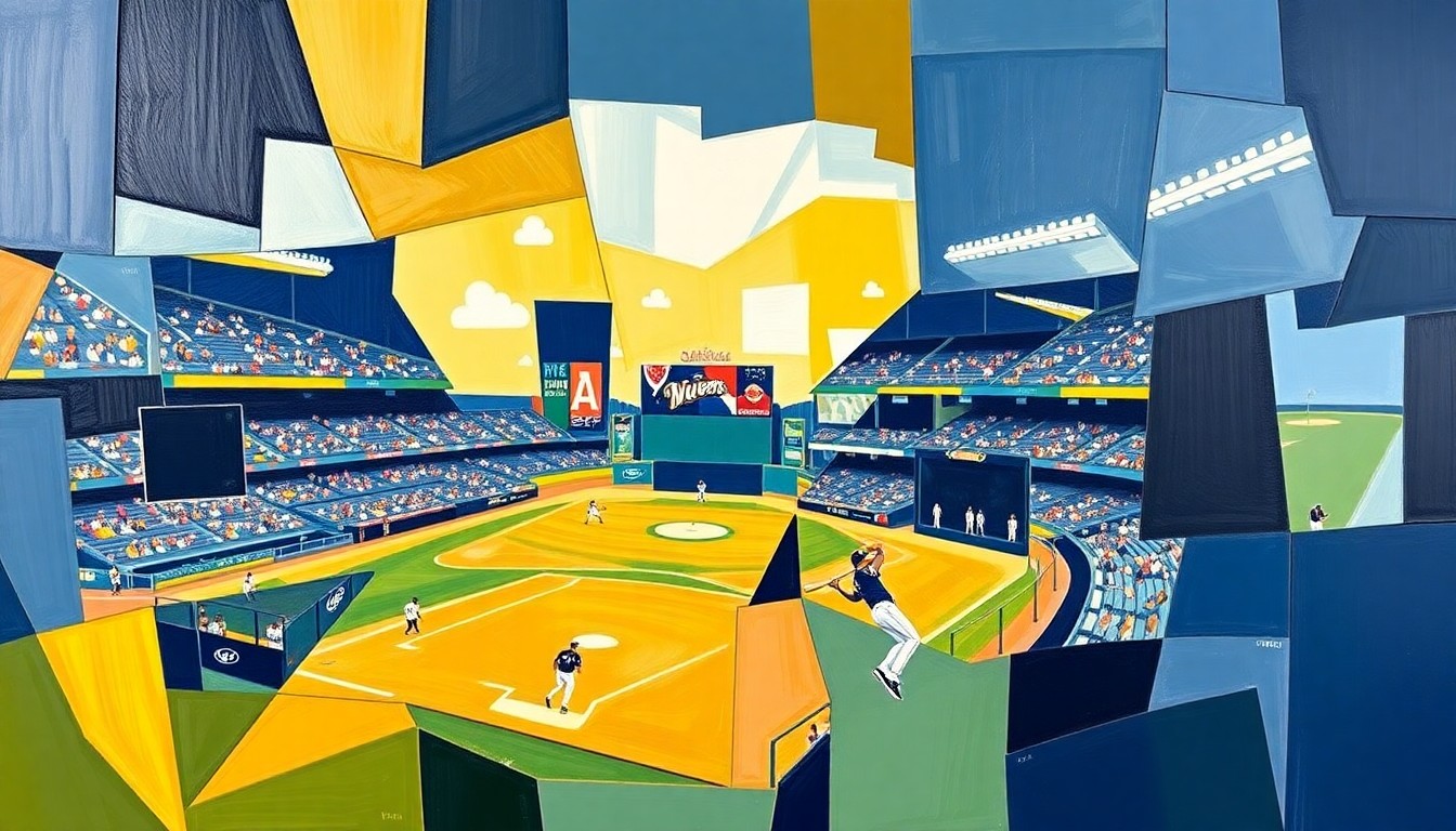 A fractured, cubist-style painting depicting a baseball game or spring training action, with sharp geometric planes in the Brewers' official colors of navy blue, gold, and white, capturing the energy and excitement of the team's preseason activities.