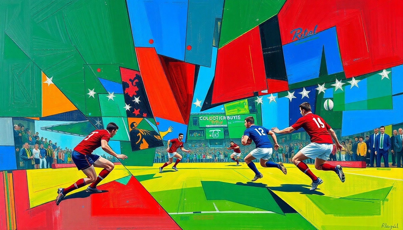 A cubist-inspired painting featuring sharp, overlapping geometric shapes in vibrant colors, representing the dynamic action and emotion of a rugby match or competition.