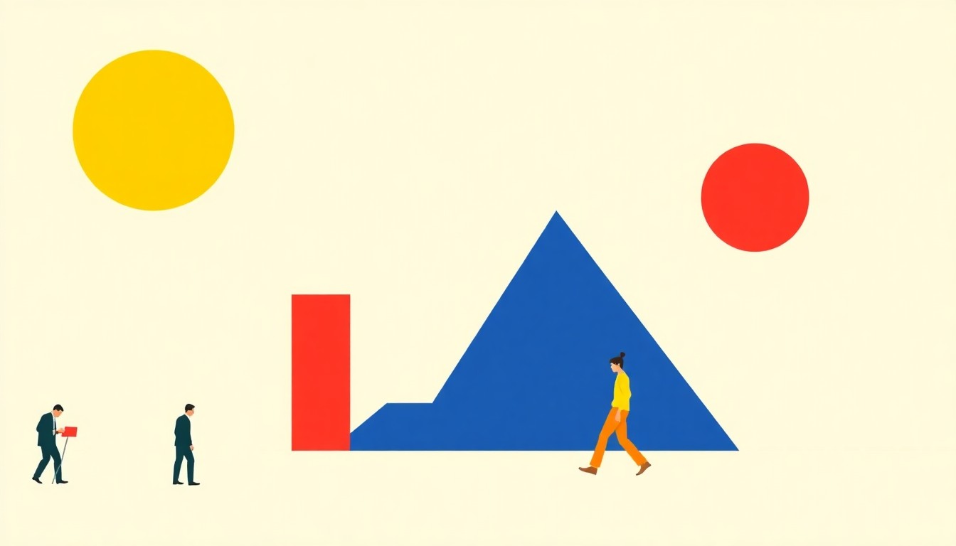 A minimalist illustration composed of bold, geometric shapes in primary colors, representing the polarization of the job market with high-skilled, high-paying jobs growing while middle-skilled roles disappear.