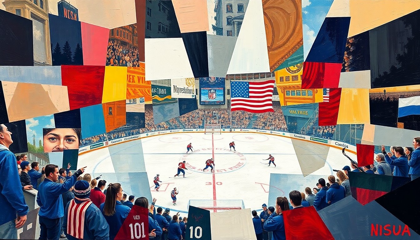 A fractured, multi-perspective painting in the style of Pablo Picasso, depicting the action and movement of a women's hockey game through sharp, overlapping geometric shapes and planes of color.