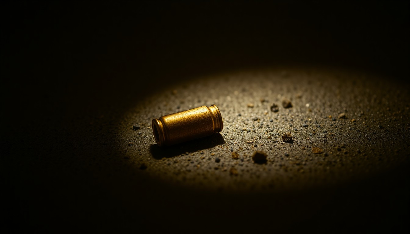 An extreme close-up photograph of a single spent bullet casing on a dark, gritty surface, lit by a harsh, direct camera flash, conceptually representing physical evidence from a violent crime.