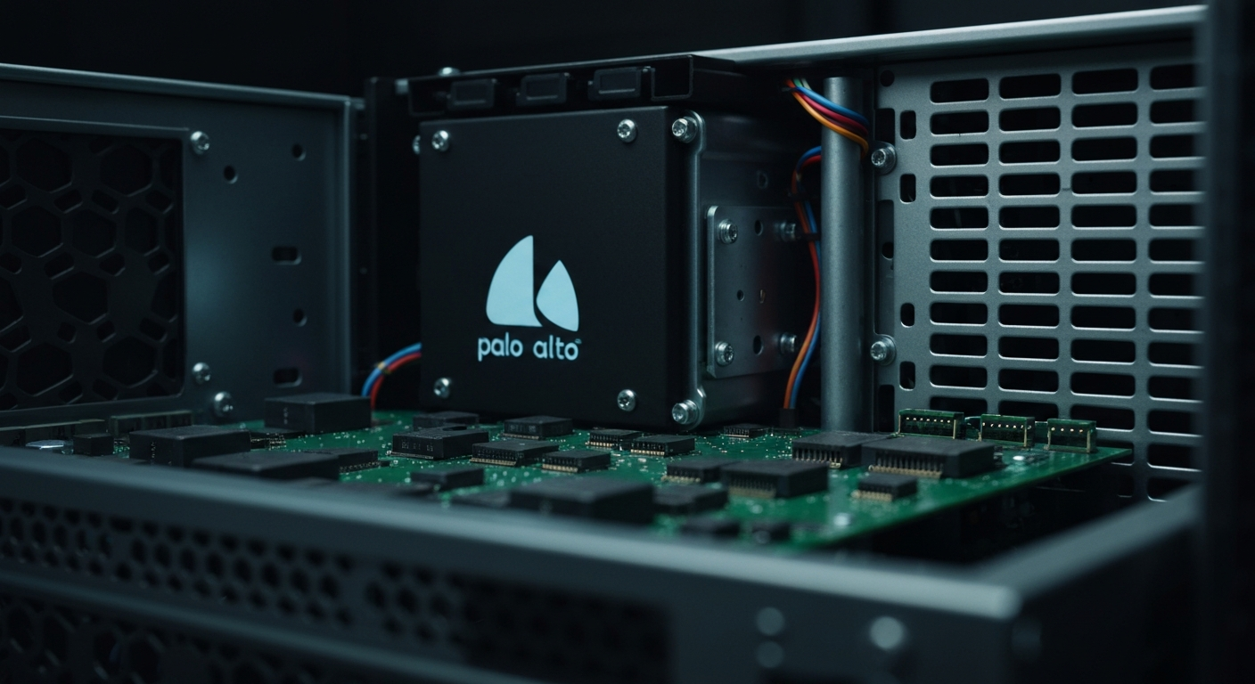 A highly detailed, macro-level view of the internal components and mechanics of a Palo Alto Networks security appliance, conveying the industrial strength and technical complexity of the company's cybersecurity infrastructure.